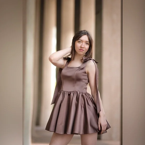 Chic Satin Mini Dress in Deep Brown - Picture 2 of 3